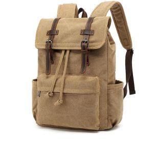 Men's Backpack Vintage Crazy Horse Leather Outdoor Travel Canvas Bag (Color: Khaki)