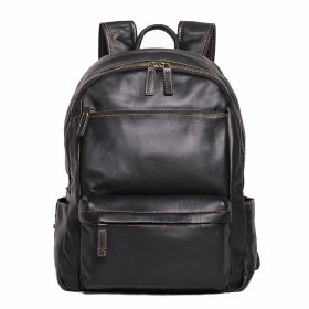 Men's Leather 14-inch Computer Backpack Outdoor Travel Bag (Color: Black)